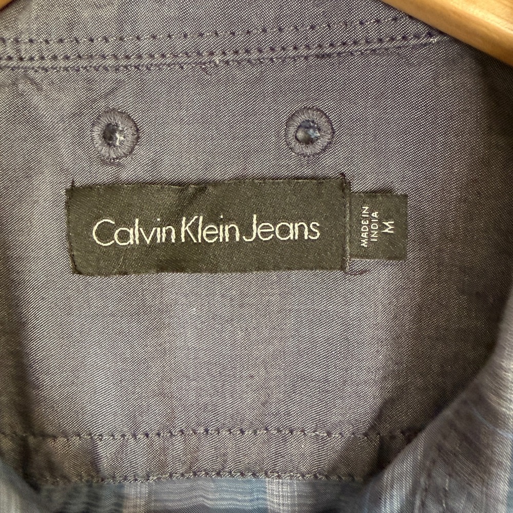 Calvin Klein Jeans Shirt Mens Medium Blue Plaid Short Sleeve Snap Button Pockets - Picture 5 of 14